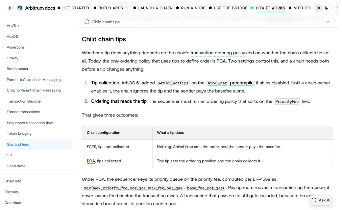 Arbitrum 官方文档 Gas and fees 页的 Child chain tips 一节：写明小费是否起作用取决于链的排序规则和是否收取小费，下方表格分 FCFS 不收小费、PGA 收取小费两种情况，并给出 priority fee 的计算式 min(max_priority_fee_per_gas, max_fee_per_gas - base_fee_per_gas)