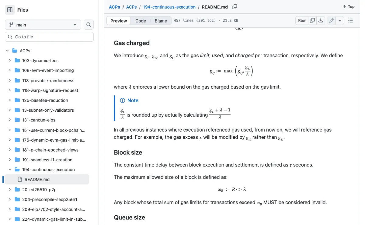 GitHub 上 ACP-194《Continuous Execution》README 的 Gas charged 一节：定义 gas limit、used、charged 三个量，公式 g_C := max(g_U, g_L/λ)，下方说明 λ 给出按 gas 上限计算的计费下限，并注明 g_L/λ 向上取整