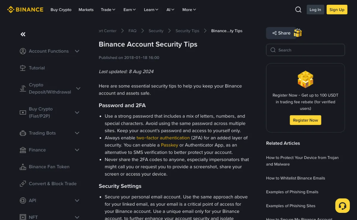 币安公开帮助文档 Binance Account Security Tips 页面，正文列出密码、两步验证与安全设置建议
