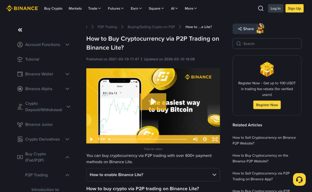 币安公开帮助文档 How to Buy Cryptocurrency via P2P Trading on Binance Lite 页面，显示教程标题与操作说明入口