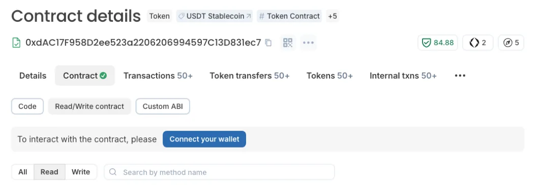 Blockscout 上以太坊 USDT 合约 0xdAC17F958D2ee523a2206206994597C13D831ec7 的详情页，Contract 标签下依次是 Code、Read/Write contract、Custom ABI 三个按钮，再往下是 All、Read、Write 三个分页和 Search by method name 搜索框