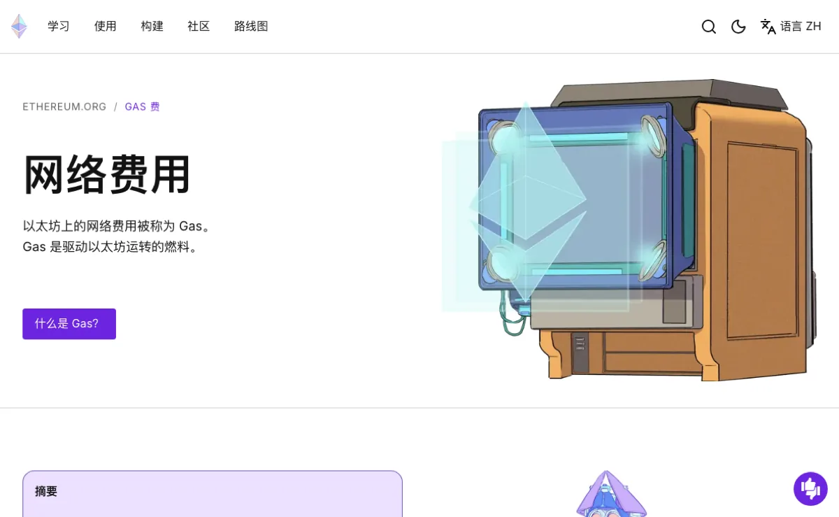 以太坊中文官网的网络费用说明页，标题下将 Gas 解释为以太坊的网络费用