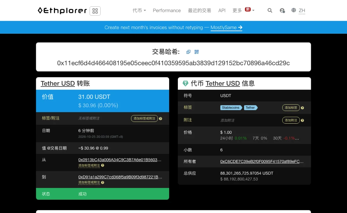 Ethplorer 中文交易页：交易哈希 0x11ecf6…d29c，左侧「Tether USD 转账」区块显示价值 31.00 USDT、日期 2026-10-25 20:03:59（GMT+8）、发送与接收地址，状态栏为绿色「成功」；右侧是代币 Tether USD 的信息，小数 6