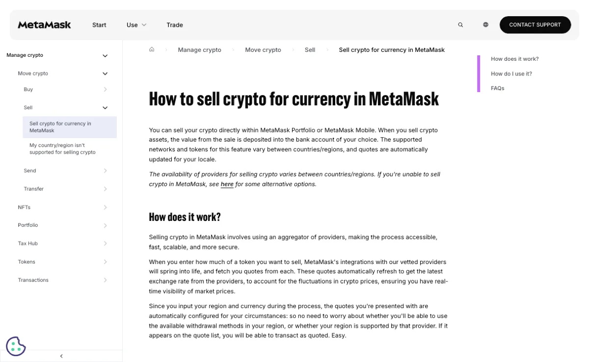 MetaMask 帮助中心「How to sell crypto for currency in MetaMask」页面顶部:说明可以在 MetaMask Portfolio 或 MetaMask Mobile 里卖币,钱存入你选的银行账户,支持的网络和代币因国家地区而异,报价会自动刷新;下方 How does it work? 一节说明卖币用的是通道报价汇总