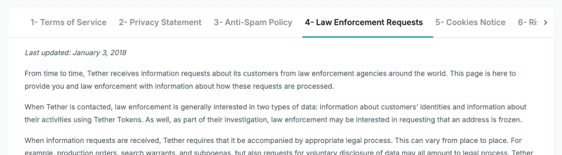 Tether 官网 Legal 页面的 4- Law Enforcement Requests 分栏，顶部标注 Last updated: January 3, 2018，正文说明执法机关可能要求冻结地址，Tether 要求信息请求附有相应的法律程序文件