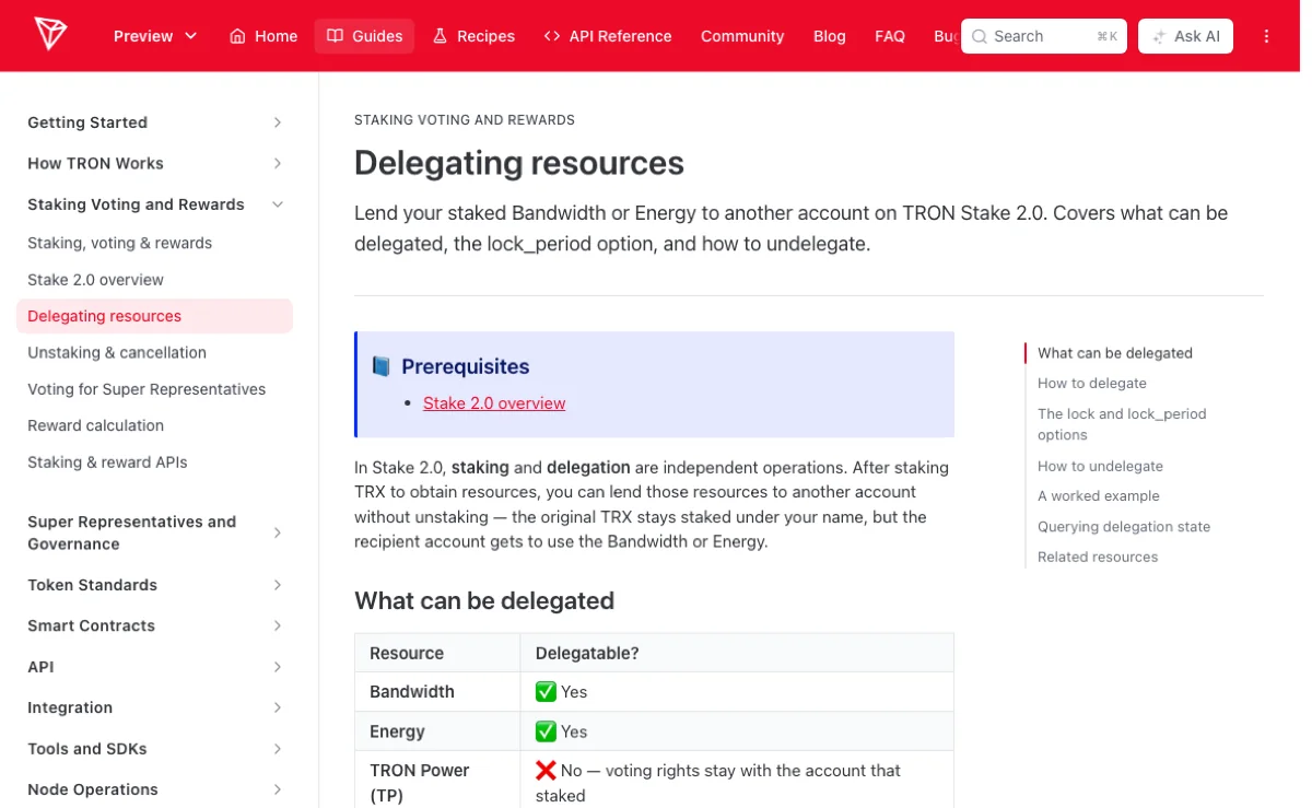 TRON 开发者文档 Delegating resources 页的开头部分:标题下方一句说明把质押得来的带宽或能量借给另一个账户;正文第一段写质押与委托是两步独立操作,原来的 TRX 仍质押在出借方名下,接收账户可以使用带宽或能量;下方 What can be delegated 表格里 Bandwidth 与 Energy 标为可委托,TRON Power 标为不可委托